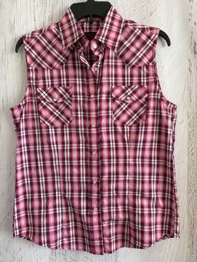 Cowgirl Legend Plaid Western Sleeveless Pearl Snap Shirt — Pink/Red/Navy